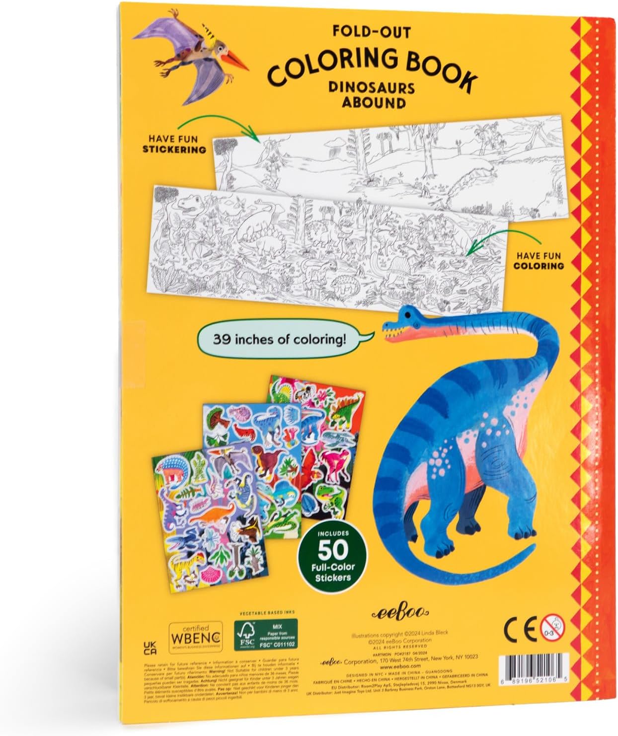 Villem EEBOO Dinosaurs Abound kokkuvoldutav värviraamat + 50 kleepsu EEBOO